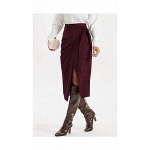 Commense Burgundy Suede Effect Wrap Midi Skirt Size L US 9/10 – Quiet Luxury